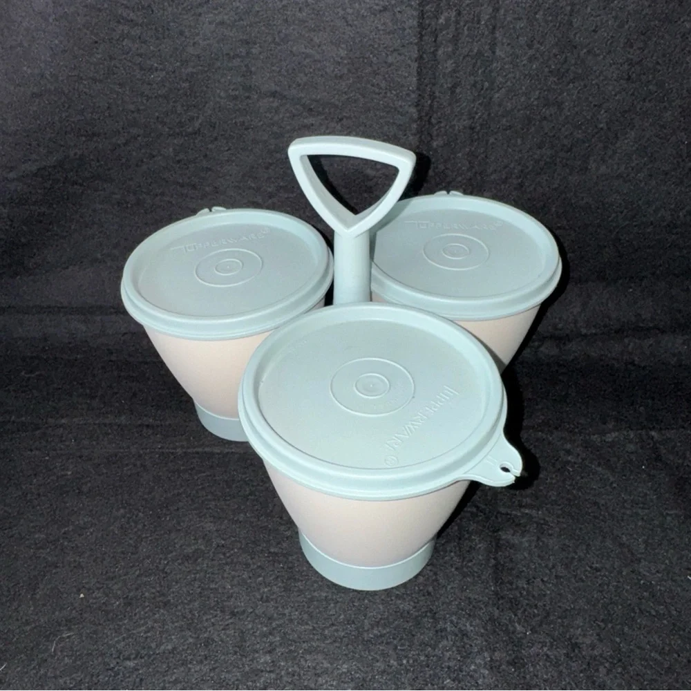 Vintage Tupperware 3 Container Condiment Set Caddy #757-4 w/ Blue Lids